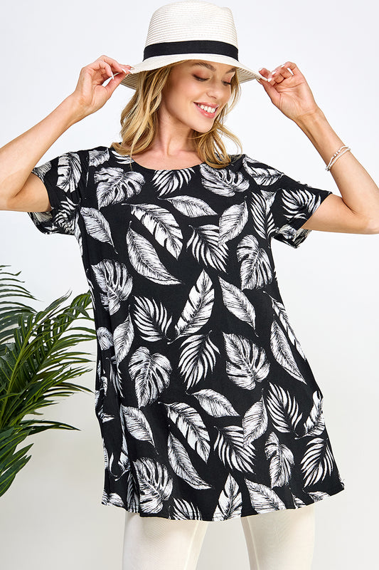 Leafy Delight Short Sleeve Top with Side Seam Pockets-3086BN-SRP1-K-W388