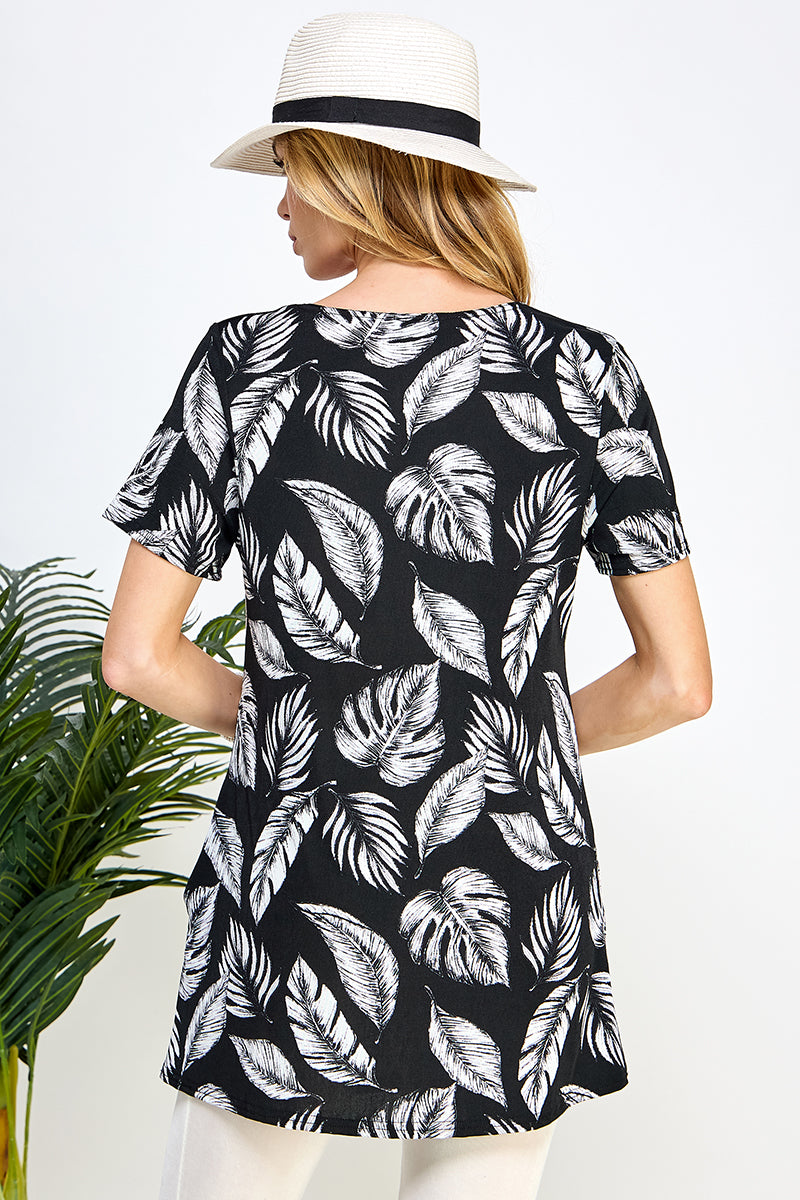 Leafy Delight Short Sleeve Top with Side Seam Pockets-3086BN-SRP1-K-W388